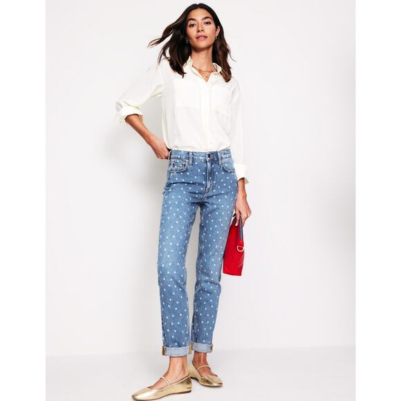 New Boden Girlfriend Jeans Blue Polka Dot Mid Rise Button Zip Pocket Sz 32